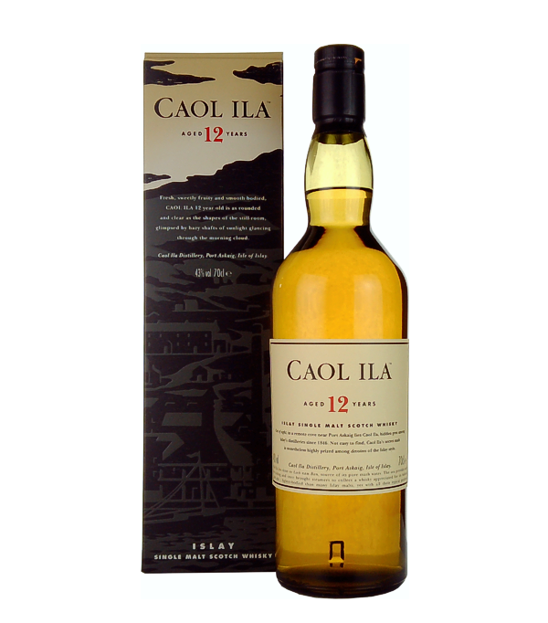 Caol Ila 12 Years Old Islay Single Malt Whisky, 70 cl, 43 % Vol., Schottland, Isle of Islay, Caol Ila [Cull Eela] ist gälisch für 'The Sound of Islay', die Meerenge welche die Hebrideninseln Islay und Jura trennt. Etwas versteckt an der rauen Ostküste, werden dort seit 1846 von den Inselbewohnern feine rauchige Whiskys hergestellt.  Die verwendete Gerste wird nach wie vor in Port Ellen gemälzt, das reine Quellwasser stammt aus dem nahegelgenen Loch Nam Ban Kalkgestein.  Der Caol Ila 12 Years Old Islay Single Malt Scotch Whisky reift für 12 Jahre in Eichenfässern.  Nase: Frisch, rauchig,