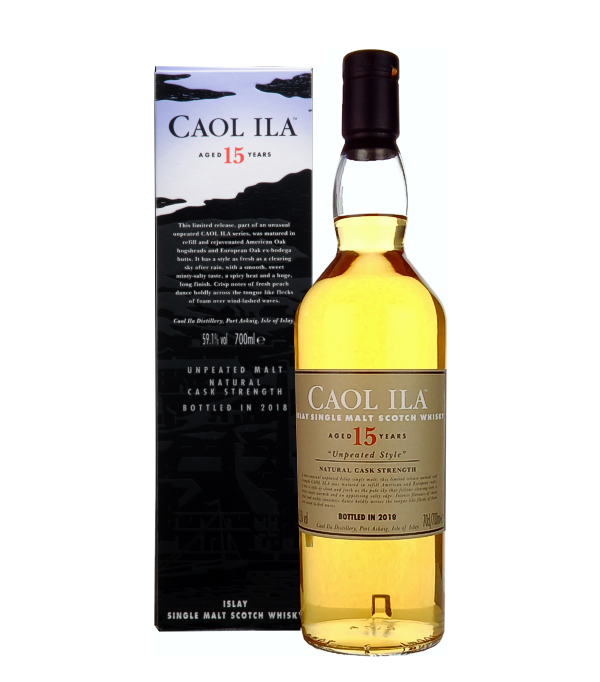 Caol Ila 15 Ans UNPEATED STYLE Sortie Spciale 2018, 70 cl, 59.1 % Vol. (Whisky), Schottland, Isle of Islay, La distillerie Caol Ila a t fonde en 1846 prs de Port Askaig par Hector Henderson. Caol Ila signifie  son d`Islay  en galique.   Le whisky est vieilli dans des fts de chne amricains remplis (hogsheads) et des fts de chne europens remplis (butts).  Distill: 2002 Embouteill: 2018