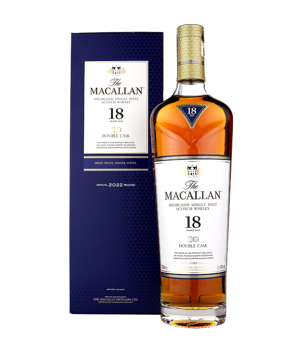 Macallan 18 Years Old DOUBLE CASK 2022, 70 cl, 43 % Vol. (Whisky), Schottland, Speyside, Der 18-jährige Macallan gehört zur Double Cask Range von Macallan. Die Range umfasst einen 12-jährigen, einen 15-jährigen und einen 18-jährigen Single Malt. Dieser Whisky lagert für 18 Jahre in ehemaligen europäischen und amerikanischen Oloroso Fässern.      