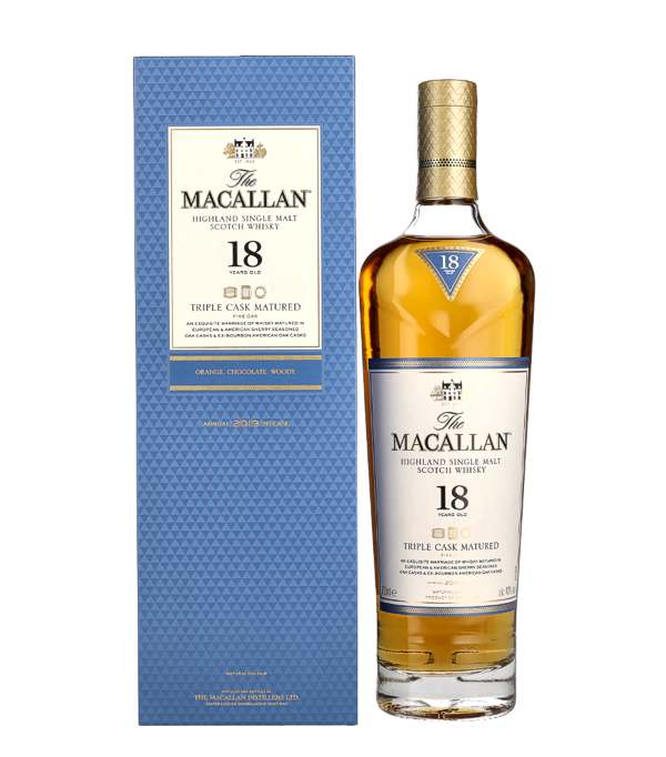 Macallan 18 Years Old TRIPLE CASK MATURED 2019, 70 cl, 43 % Vol. (Whisky), Schottland, Speyside, The Macallan is launching a new range. The Triple Cask Matured series forms a trilogy of The Macallan 12 Years Old, 15 Years Old and 18 Years Old. It solves the well-known Fine Oak row off. The content remains the same, only the name and design of the bottle change. The type of storage differs for the three whiskeys only in length. In addition to European and American sherry casks, former American bourbon casks are also used used. The age of all whiskeys is in the foreground here, with each indi
