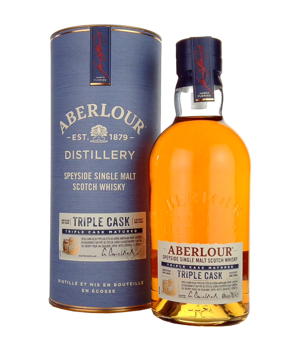 Aberlour TRIPLE CASK Speyside Single Malt, 70 cl, 40 % Vol. (Whisky), Schottland, Speyside, As the name suggests, the Aberlour TRIPLE CASK Highland Single Malt Scotch Whiskey matures in three different types of casks. Two different types of American white oak casks and a European type of sherry cask form the basis.   Nose: Notes of honey, pears, vanilla. Flavour: Sweet, spicy, notes of oranges, apples, raisins, roasted almonds, hint of liquorice. Finish: Long persistent, spicy-sweet.