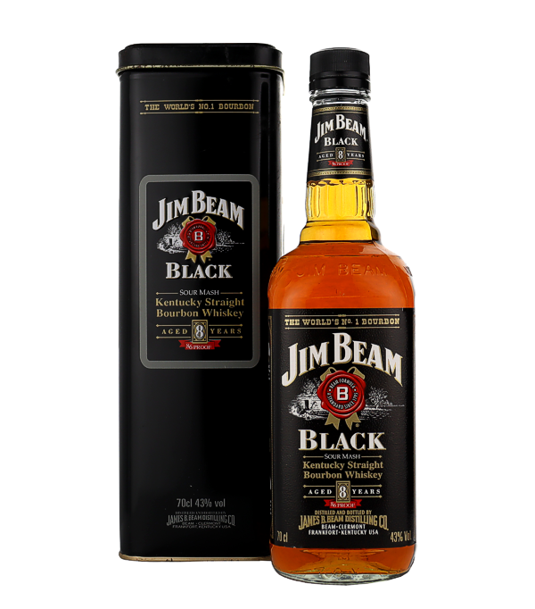 Jim Beam 8 Years Old Black Label «Kentucky Straight Bourbon Whiskey» in Blechbüchse, 70 cl, 43 % Vol., , Vintage Abfüllung: Jim Beam Black in der edlen schwarze Geschenkdose. Alte Abfüllung für Sammler.
