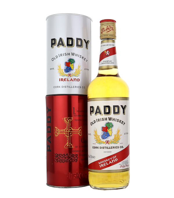 Paddy Old Irish Whiskey  Cork Distilleries Co. , 70 cl, 40 % Vol. (Whisky), , Le Paddy Irish Whiskey, du nom du charismatique vendeur du XIXe sicle Patrick J. O'Flaherty, a ses racines dans la clbre distillerie Bow Street  Dublin avant de s'tablir  la distillerie Midleton dans le comt de Cork.  La production astucieuse de ce whisky consiste en un mlange quilibr de diffrents types de grains, notamment des whiskies de malt et des whiskies en pot still, qui acquirent un caractre velout, doux et raffin grce  une triple distillation.  Une large gamme de saveur