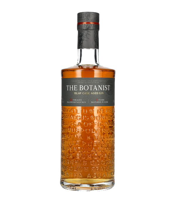 The Botanist Islay Cask Aged Gin, 0.7 Liter, 46 % Vol., Schottland, Isle of Islay, Le gin vieilli en ft d'Islay, The Botanist, est une variante particulirement lgante du Dry Gin prim The Botanist, produit par la clbre distillerie Bruichladdich, sur l'le cossaise d'Islay. Il est labor selon la recette classique  partir de 22 plantes sauvages d'Islay cueillies  la main, puis affin par une maturation en fts de chne slectionns, prcdemment utiliss pour le whisky d'Islay. Ce vieillissement en ft confre au gin une profondeur supplmentaire, mlant harmonieuseme