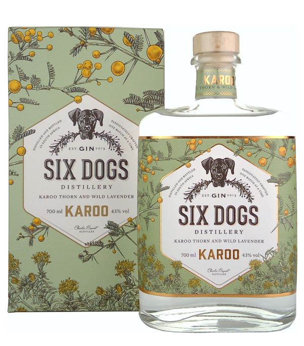 Six Dogs Karoo Gin, 75 cl, 43 % Vol., , Probieren Sie diesen Gin und Sie werden die gepaarten Noten von Wacholder und wilden Lavendel schmecken, ein Aroma, was Sie in die Karoo entführt. Was folgt, ist ein frisches Medley von Zitrusfrüchten einschließlich Limes, Mandarinen und Lemon Buchu.  Für Six Dog geht es bei der Herstellung von Gin nicht nur um handverlesene Pflanzen, die speziell angefertigten Destillierapparate oder die molekularen Technologie, die eingesetzt werden, um die empfindlichen Blumen, die im Gin verwendet werden, zu