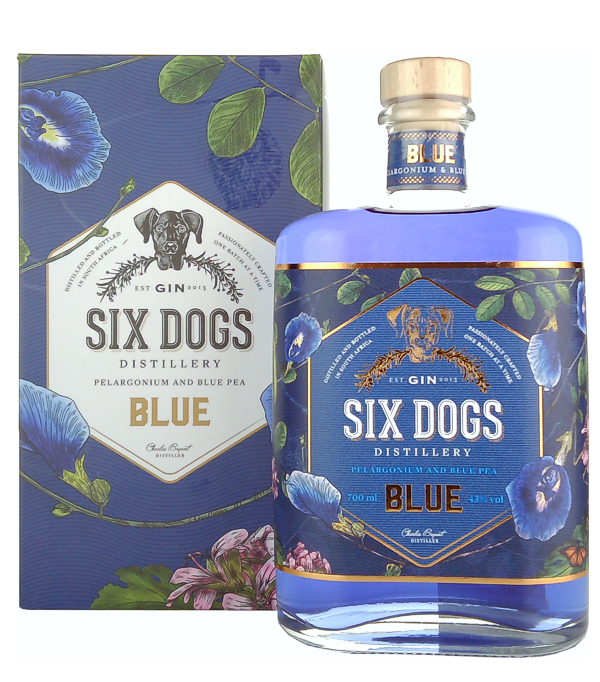 Six Dogs Blue Gin, 75 cl, 43 % Vol., , Six Dogs Blue ist ein klassischer trockener Gin mit einem Hauch von frisch geschnittener Luzerne über handverlesene und morgens geernteten Rosenpelargonien. Dieser Party-Gin verströmt einen Hauch Magie, wenn er mit einem guten Tonic vermischt wird.  Für Six Dog geht es bei der Herstellung von Gin nicht nur um handverlesene Pflanzen, die speziell angefertigten Destillierapparate oder die molekularen Technologie, die eingesetzt werden, um die empfindlichen Blumen, die im Gin verwendet werden, zu s
