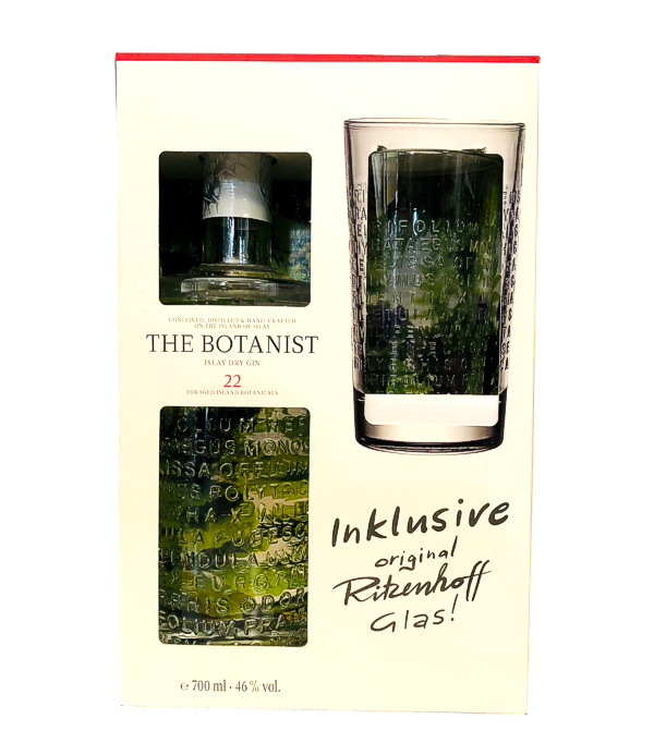 Botanist Islay Dry Gin mit Ritzenhoff Glas, 70 cl, 46 % Vol., Schottland, Isle of Islay, Das Geschenkset beinhaltet 1 x The Botanis 70 cl und ein Ritzenhoff Glas.  Islay ist zwar eher für torfigen Whisky bekannt, aber mit dem Botanist Gin ist der Bruichladdich Destillerie ein Meisterstück gelungen. Der Premium Gin von der westlichen Seite der Insel begeistert Gin Kenner seit Jahren.  Der Gin Botanist konzentriert sich auf die Stärken der Inselflora und stellt diese wunderbar in den Vordergrund. Die vielfältige Natur hat nämlich deutlich mehr zu bieten als Torf und Gerstenmalz. Mit s