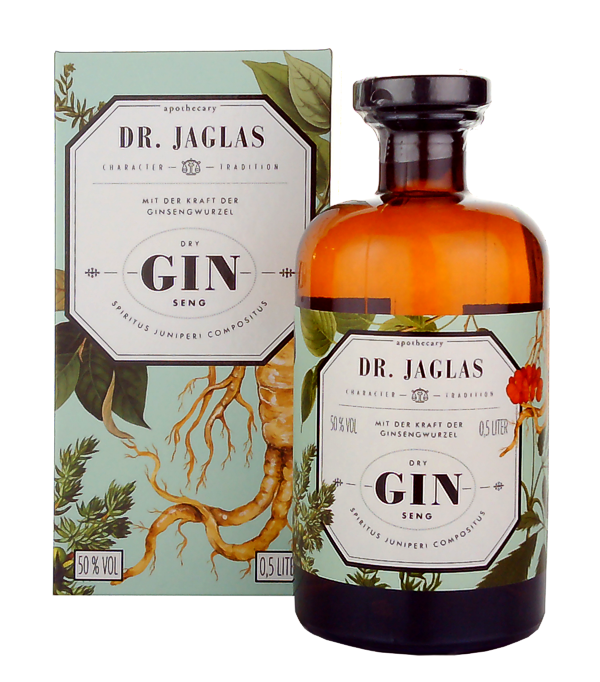 Dr. Jaglas GIN-Seng Dry Gin, 50 cl, 50 % Vol., , DR. JAGLAS GIN-seng ist ein handgemachter Wacholderbeerspiritus, bei dem vollständig auf Zucker verzichtet wurde. Er ist angelehnt an die ursprüngliche Wacholderbeer-Rezeptur für Spiritus Juniperi aus dem Deutschen Arzneibuch von 1872.  GIN-seng, der Gin aus der Apotheke  Über die Wirkung von Dr. Jaglas GIN-seng können und dürfen wir nicht alles verraten. Nur so viel: Man spürt ihn nicht nur auf der Zunge und in der Kehle, sondern auch tiefer. Zum Beispiel im Magen. Natürlich sollte unser GIN-se