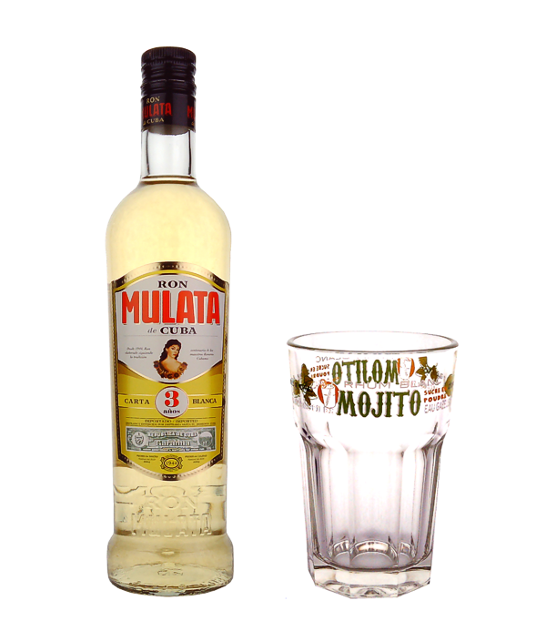 Ron Mulata Carta Blanca 3 Años , mit Mojito Glas, 70 cl, 40 % Vol. (Rum), Kuba, Beim Ron Mulata Carta Blanca 3 Años handelt es sich um einen jungen, milden und leichten Rum, der 3 Jahre in Weisseichenfässern heranreift. In der Nase bildet er leichte Noten von Holz und Zitrusfrüchten und im Geschmack einen hauch von Vanille und Kirsche. Seine strohgelbe Farbe ist für einen Longdrink genau richtig.  Dazu ein schönes Mojito Glas für das perfekte Geschenk.