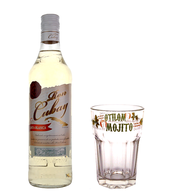 Ron Cubay Carta Blanca  , mit Mojito Glas, 70 cl, 38 % Vol. (Rum), Kuba, Ron Cubay Carta Blanca ist ein milder, leicht süsser cubanischer Rum mit einem frischem Geschmack nach grünem Zuckerrohr, Gras und leichter Frucht. Seine strohgelbe Farbe und sein Geschmack machen ihn zu einem perfektem Rum für Longdrinks und Cocktails.  Dazu ein schönes Mojito Glas für das perfekte Geschenk.