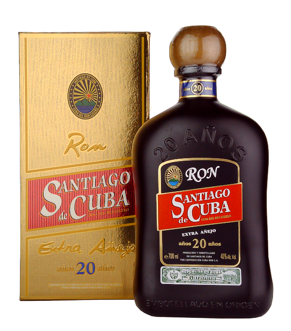 Santiago de Cuba Añejo 20 Años, 70 cl, 40 % Vol. (Rum), Kuba, Der Santiago de Cuba Extra Añejo 20 Años erlangt erst nach einer Reifezeit von 20 Jahren seinen einzigartigen Geschmack der Extraklasse. Sobald der Rum den Gaumen gefunden hat, offenbart dieser Geschmacksnoten von Vanille und Toffee, kombiniert mit Anklängen von hellem Tabak und Schokolade. Der Geschmack ist rund und harmonisch. Auch das lange Finish, das dem Geniesser geboten wird, ist von diesem komplexen Geschmack geprägt.