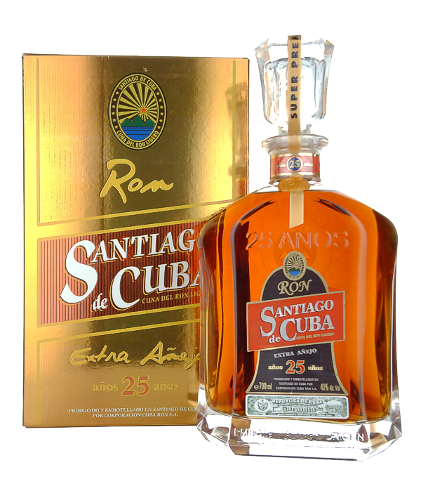 Santiago de Cuba Extra Aejo 25 Aos, 70 cl, 40 % Vol. (Rum), Kuba, The Extra Aejo 25 years is something very special among the excellent Santiago de Cuba rums, because it is a limited bottling of the extra class for the 490th anniversary of his hometown Santiago de Cuba.  A very soft and lush scent of vanilla and toffee spreads in the glass. Tobacco, coffee and prunes also lovingly spoil the palate.  These are the last bottles of this exceptional rum.