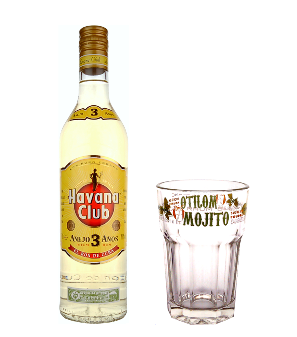 Rhum Havana Club Aejo 3 Aos, avec verre Mojito, 70 cl, 40 % Vol. (Rum), Kuba, En 1878, la marque Havana Club est apparue sur la scne de l`histoire et en une gnration, elle est devenue l`incarnation de l`art cubain de la distillation. Le Havana Club Aejo 3 Aos se compose de nombreux rhums diffrents qui mrissent dans des fts de chne blanc, qui sont slectionns par Maestro Ronero. Ce rhum 3 ans est assembl  partir de cette slection choisie.   Il est idal pour des cocktails tels que Mojito, la boisson nationale cubaine, Daiquiri ou Cuba Libre. Mais Havana Club 3