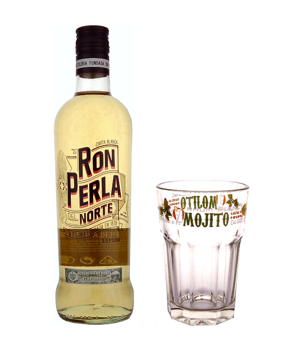 Perla del Norte Carta Blanca , mit Mojito Glas, 70 cl, 40 % Vol. (Rum), Kuba, Die Produktion der kleinen Schwester von Ron Havanna Club und Ron Arecha, aus dem Hause Jose Arechabala in Cardenas, wurde in den 1960iger Jahren eingestellt. Auf Grund der steigenden Nachfrage auf dem Weltmarkt nach kubanischem Rum wird nun auch Ron Perla del Norte wieder produziert. Mit einem neuen internationalem Design und 3 Brands tritt die “Perle des Nordens“ die Reise in die Welt der RUM-Kenner an.  „Sohn des Meeres“ nennt man diesen authentischen Rum, der natürlich gealtert und in Eichen