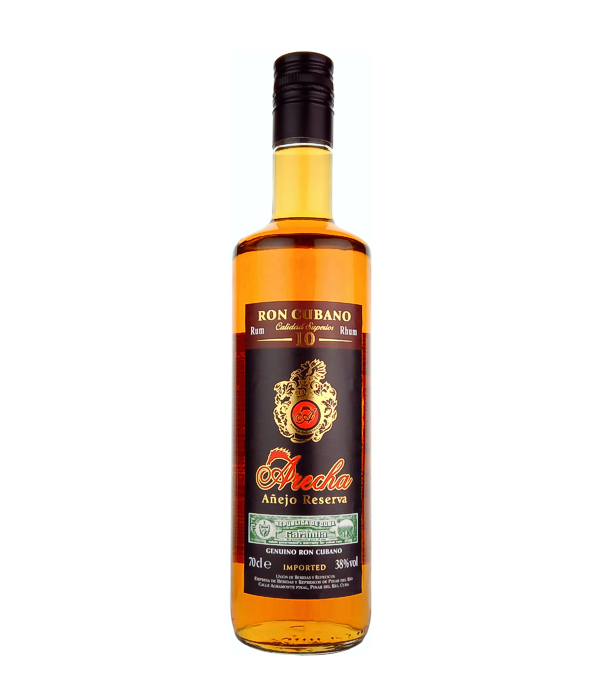 Ron Arecha Añejo Reserva 10 Años, 70 cl, 38 % Vol. (Rum), Kuba, Beim Ron Arecha Añejo Reserva handelt es sich um einen braunen Premium-Rum, der ca. 10 Jahre in Eichenfässern lagert und der zu seiner Vollendung herangereift ist. Er ist ein schöner kräftiger bronzefarbener Rum, der ausgereift und mild im Geschmack ist. Dank der hohen Qualität und der langen Reifezeit eignet er sich bestens zum pur Trinken und für Longdrinks