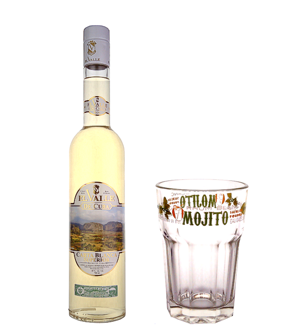 El Valle Carta Blanca Superior , mit Mojito Glas, 70 cl, 38 % Vol. (Rum), Kuba, El Valle Carta Blanca Superior Rum wird von Pinar del Río hergestellt. Die neue Linie will die über 150 jährige Traditionen, den Geschmack und den Geruch des leichten kubanischen Rum's beibehalten, jedoch mit El Valle in einer Premium Qualität.  Dazu ein schönes Mojito Glas für das perfekte Geschenk.