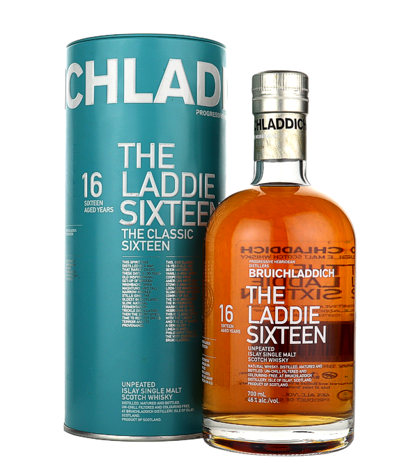 Bruichladdich THE LADDIE SIXTEEN 16 Years Old Unpeated Islay Single Malt Whisky, 70 cl, 46 % Vol., Schottland, Isle of Islay, Bruichladdich, eine 1881 auf der Isle of Islay in Schottland gegrndete Destillerie bietet neben ihren Klassikern auch kleine Abfllungen an welche nur mit Gerste von Isle of Islay destilliert werden.  Der Bruichladdich Laddie Sixteen fr Liebhaber von nicht getorftem Whisky. Seine Reifung in Ex-Bourbon-Fssern reprsentiert die Kontinuitt und die zeitlosen Werte der Brennerei. Jahre vergehen, aber das Herz und die Seele von Bruichladdich bleiben immer noch beruhigend unberhrt. Laddie Sixteen 