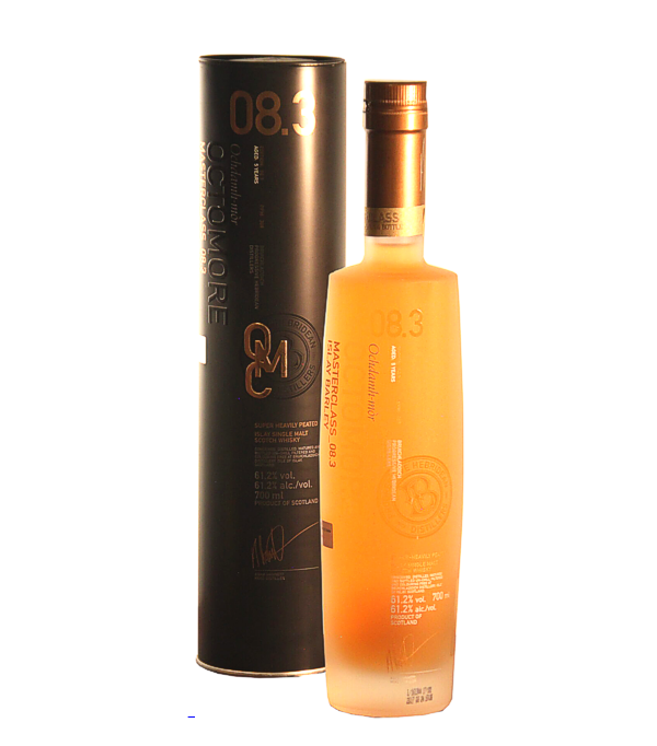 Bruichladdich Octomore Edition 8.3 Masterclass / 309 PPM 2011/2017, 70 cl, 61.2 % Vol. (Whisky), Schottland, Isle of Islay, Octomore Masterclass_08.3 is a highly peated expression from Bruichladdich distillery on Islay. The barley cultivation on Islay is challenging, and in 2010, Octomore farmer James Brown faced difficulties due to bad weather and wildlife interference. Despite the low yield, the malted Octomore grain produced unprecedented results with a peat reading of 309.1ppm. After a controlled distillation process, the whisky was matured in a combination of first-fill bourbon casks (56%) and casks previously u