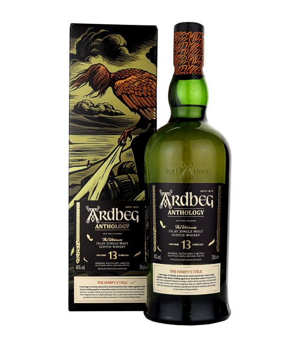 Ardbeg 13 Years Old Anthology - The Harpys Tale, 70 cl, 46 % Vol. (Whisky), Schottland, Isle of Islay, The launch of Ardbeg Harpy's Tale whiskey marks the start of the distillery's new Anthology series, consisting of three limited-edition whiskeys aged 13 to 15 years, matured in exceptional casks.  Dive into The Harpy's Tale with this first release from the Ardbeg Anthology, a 13 year old single malt, peaty and expressive with original notes.  <strong>How does Ardbeg 13 Years Old Anthology The Harpys Tale taste?</strong> For this new experiment, Dr. Bill Lumsden combines peat with sweeter nuance