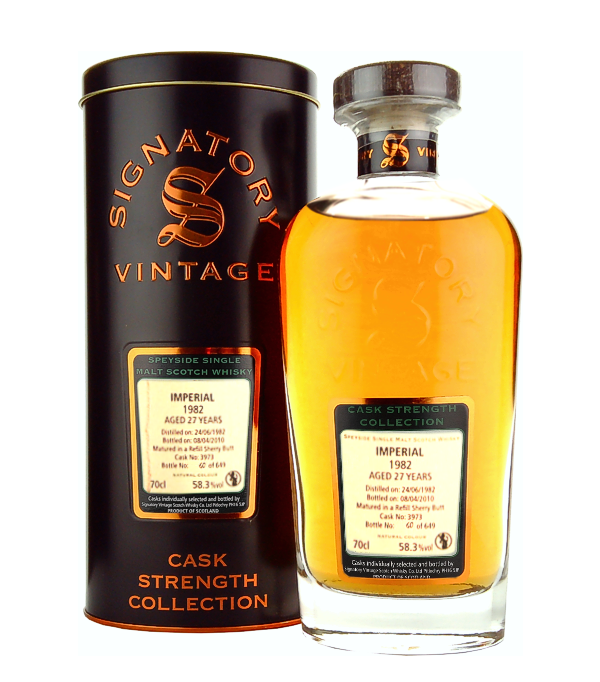 Signatory Vintage, Imperial 27 Years Old «Cask Strength Collection» 1982, 70 cl, 58.3 % Vol. (Whisky), Schottland, Speyside, Destilliert: 1982 Abgefüllt: 2010 Fass Nummer: 3973 Anzahl Flaschen: 649