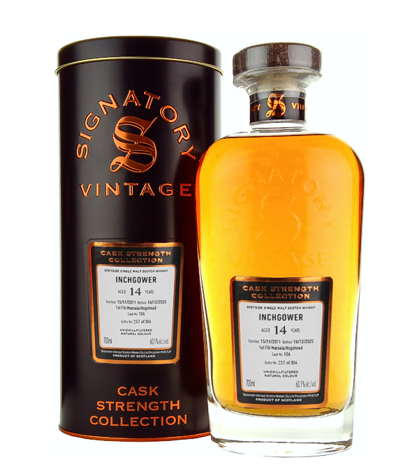 Signatory Vintage, Inchgower 14 Years Old �Cask Strength Collection� 2011/2025, 70 cl, 60.1 % Vol. (Whisky), Schottland, Speyside, This exclusive single malt embodies the rugged elegance of the Speyside coast combined with Mediterranean sweetness. Inchgower's untamed distillery character was allowed to mature for over 14 years in a fresh, first-fill Marsala wine cask. This allows the distillery's signature maritime salt notes and spicy malt aromas to meld deeply with the rich fruit notes of the Sicilian fortified wine. Bottled at a robust cask strength of 60.1% ABV, this rare whisky is completely unadulterated, unchill filt