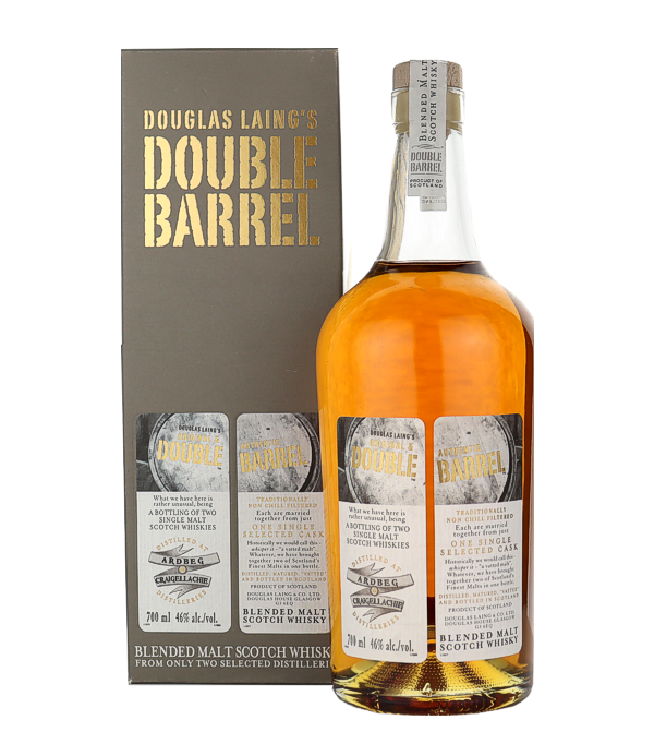 Douglas Laing & Co., Ardbeg, Craigellachie «Double Barrel» Single Cask Malt, 70 cl, 46 % Vol. (Whisky), Schottland, Isle of Islay, Die «Double Barrel»-Edition von Douglas Laing beweist eindrucksvoll, dass Gegensätze eine faszinierende Anziehungskraft besitzen. Seit 1948 sind die Meister des Scotch Whiskys von Douglas Laing für die Verbreitung und Kreation erstklassiger Tropfen bekannt. Die Double Barrel Scotch Whiskys entstehen durch das geschickte Vermählen seltener Fässer aus zwei höchst unterschiedlichen Brennereien, bevor sie abgefüllt und vermarktet werden.  Ardbeg trifft auf Craigellachie: Mit Douglas Laing & Co., Ard