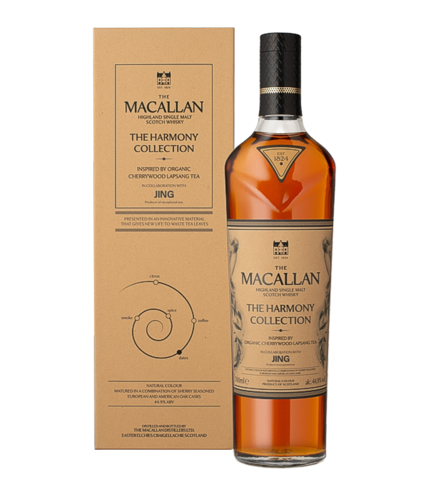 Macallan �The Harmony Collection� Organic Cherrywood Lapsang Tea, 70 cl, 44.2 % Vol. (Whisky), Schottland, Speyside, La collection Macallan Harmony, inspir�e du th� Lapsang bio fum� au bois de cerisier, a �t� cr��e en collaboration avec JING Tea. Vieillie dans une combinaison de f�ts de ch�ne europ�en et am�ricain ayant contenu du sherry, cette �dition limit�e Harmony allie l'�l�gance classique de Macallan aux ar�mes complexes de la culture du th�. Il en r�sulte un single malt d'une richesse exceptionnelle, aux notes �pic�es, fruit�es et subtilement fum�es.  <strong>Quel est le go�t du Macallan Organic Cherryw