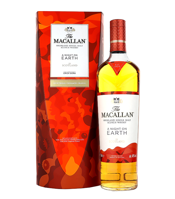 Macallan a Night On Earth in Scotland Seasonal Release 2021 Erica Dorn, 70 cl, 40 % Vol. (Whisky), Schottland, Speyside, The limited edition of Macallan A Night on Earth 2022 is an exclusive release from the renowned Macallan distillery. This special edition, known as First Release 2021, celebrates the grace of New Year's Eve, best enjoyed with close friends. The unique packaging, designed by Erica Dorn, perfectly captures the magic of this special story.  This Macallan is an outstanding bottling that has an exceptional flavor profile and highlights the distillery's unparalleled craftsmanship.  <strong>How does Ma