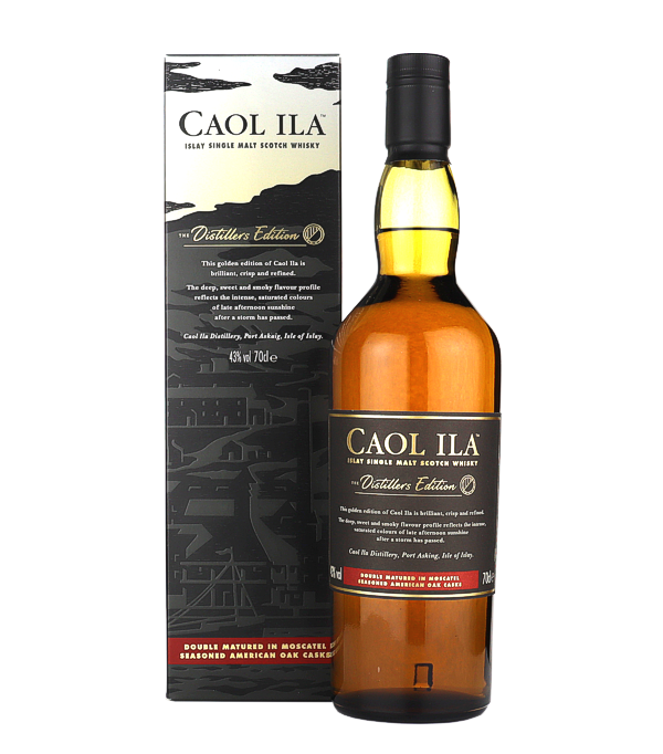 Caol Ila The Distillers Edition 2022 Double Matured 2010, 70 cl, 43 % Vol. (Whisky), Schottland, Isle of Islay, Caol Ila (ausgesprochen 'Cull Eela') ist gälisch für  'The Sound of Islay', die Meerenge welche die Hebrideninseln Islay und Jura trennt. Etwas versteckt an der rauen Ostküste, werden dort seit 1846 von den Inselbewohnern feine rauchige Whiskys hergestellt. Die verwendete Gerste wird nach wie vor in Port Ellen gemälzt, das reine Quellwasser stammt aus Loch Nam Ban Kalkgestein. Ein zweiter Reifeprozess in einem Muskateller-Holzfass verleiht diesem Whisky eine ausgeprägte, vollmundig fruchtige & k