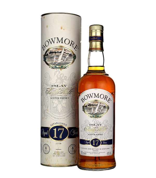 Bowmore 17 Years Old Islay Single Malt, 70 cl, 43 % Vol. (Whisky), Schottland, Isle of Islay, Diese alte Flasche des Bowmore 17 Year wurde ca. 2004 abgefüllt. Ein Whisky für Sammler, den es so nicht mehr zu kauen gibt, mit zartem Torf und milder Komplexität einer älteren Bowmore-Abfüllung.