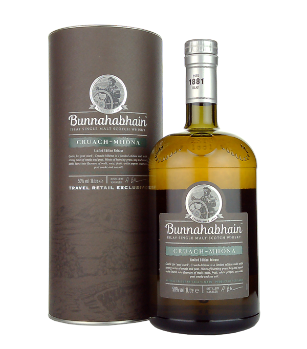Bunnahabhain CRUACH-MHÒNA Islay Single Malt Scotch Whisky ., 1 Liter, 50 % Vol., Schottland, Isle of Islay, Torfig und rauchig präsentiert sich der Bunnahabhain Cruach Mhòna Single Malt Whisky mit 50 % Volumen. Mit dieser Abfüllung zeigt Bunnahabhain, dass sie durchaus in der Lage sind, Single Malt Whisky mit deutlichem Torfrauch und dem typischen Islay-Geschmack herzustellen. Der Cruach Mhòna Islay Single Malt Scotch Whisky fügt dem berühmten sanften Geschmack eine wunderbar rauchige Dimension hinzu.  Cruach Mhòna (gesprochen Cru-ach Vhona) bedeutet Torfpacken im schottischen Gälisch. Es ist der Rauc