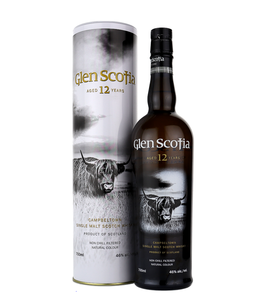 Glen Scotia 12 Year Old Campbeltown Single Malt Scotch Whisky, 70 cl, 46 % Vol., Schottland, Campbeltown, The 12 year old Glen Scotia is part of a new core range introduced in 2012. The whiskey was primarily matured in premium bourbon casks, resulting in a dram with fruity, floral and spicy aromas. The striking black bottle is adorned with an image of the legendary Highland Cattl.