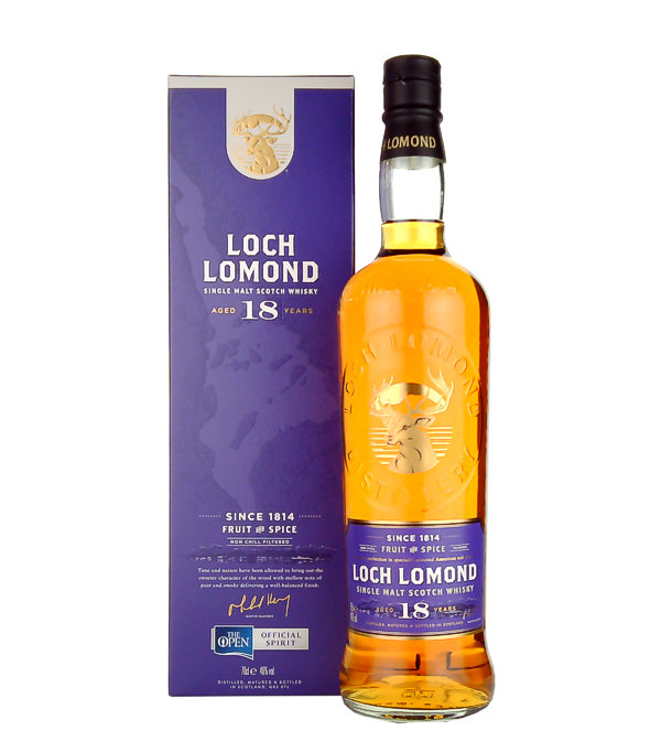 Loch Lomond Whiskies 18 Years Old Single Malt Fruit & Spice, 70 cl, 46 % Vol. (Whisky), Schottland, Highlands, Der Loch Lomond 18 Years Old reift in den feinsten Eichenfässern, die von Tommy Wallace, dem damaligen Master Cooper von Loch Lomond, ausgewählt wurden. Die Zeit und die Natur haben einen süsseren Charakter des Holzes mit einem subtilen charakteristischen Hauch von Torf und Rauch hervorgebracht, der einen ausgewogenen Abgang gewährleistet. Um die natürlichen Eigenschaften des Whiskys hervorzuheben, ist diese Abfüllung frei von Karamellfärbung und Kältefiltration.  Nase: Grüne Äpfel, Grapefruits,