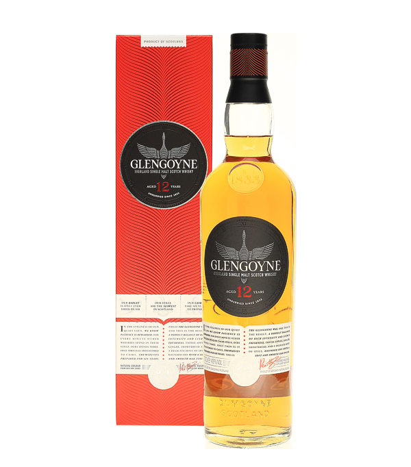 Glengoyne 12 Year Old Highland Single Malt Scotch Whisky, 70 cl, 43 % Vol., Schottland, Highlands, The Glengoyne 12 year old is distilled in the distillery in the Valley of the Wild Geese, which has existed since 1833. You can expect good things when you open a bottle of Glengoyne 12 Years. This multiple award-winning single malt whiskey from the Scottish Highlands matured for 12 years in oak casks and is bottled at 43% ABV.  The 12-year-old Glengoyne develops a tasty and balanced aroma that is characterized as finely fruity and malty can be described. There is also a slightly spicy note with