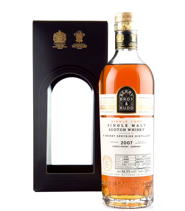 Berry Bros. & Rudd Secret Speyside 2007/2021 Hogshead #1120 Scotch Whisky, 70 cl, 64.3 % Vol., Schottland, Speyside, This bottling from cask #1120 with 646 bottles of a mysterious Speyside single malt, which with full-bodied aromas of figs, dates and raisins is a role model for sherry cask aging. Bottled: