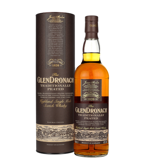 GlenDronach TRADITIONNELLEMENT TOURB Highland Single Malt, 70 cl, 48 % Vol. (Whisky), Schottland, Highlands, Le GlenDronach Traditionally Peated est un hommage  la tradition sculaire de production de whisky. Le mlange de tourbe et la maturation en fts de sherry PX et en fts de sherry Oloroso donne un whisky extraordinairement traditionnel. De plus, ce GlenDronach obtient une finition en fts de porto, ce qui lui donne ses notes de fruits noirs.