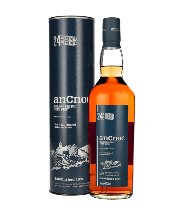 AnCnoc 24 Year Old Highland Single Malt, 70 cl, 46 % Vol. (Whisky), Schottland, Speyside, The AnCnoc 24 Years Old is stored for 24 years in ex-Bourbon and ex-Sherry casks.  This whiskey is bottled in its most natural form: without chill filtration and without the addition of additional colourings.     Awards:  - Silver Medal in 2015 at the International Wine & Spirits Competition    Colour: amber.   Nose: Fruity, apples, oranges, grapefruit, honey, notes of sherry, peppermint.  Flavour: Creamy, malty, caramel, raisins, vanilla, candied tropical fruits, roasted oak.  Finish: Long last
