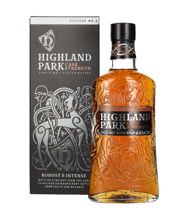 Highland Park CASK STRENGTH Release 3, 70 cl, 64.1 % Vol. (Whisky), Schottland, Orkney, Highland Park Distillery was founded by Magnus Eunson in 1798. Today the distillery is owned by The Edrington Group. The distillery is Scotland`s most northerly whiskey distillery and is located in Kirkwall on the Mainland Orkney Island. Highland Park`s distillery buildings are listed on the Scottish Monuments Lists and are memorialised produces around 2.5 million liters of whiskey annually.  Highland Park Cask Strength Release No. 3 is an extremely complex whiskey distilled with a higher than a