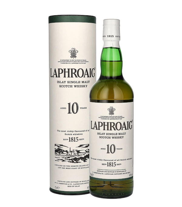 Laphroaig 10 Years Old, 70 cl, 40 % Vol. (Whisky), Schottland, Isle of Islay, Laphroaig is a whiskey distillery on the Scottish Hebrides island of Islay and is owned by the Japanese-American Beam Suntory group. The distillery buildings are on the Scottish National Registers. When making Laphroaig, malted barley is dried over a peat fire. The smoke from this peat, only found on Islay, gives Laphroaig its particularly rich flavor.    This whiskey is the original whiskey, made 75 been distilled for years.
