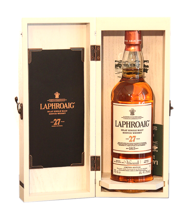 Laphroaig 27 ans, dition limite 1989, 70 cl, 41.7 % Vol. (Whisky), Schottland, Isle of Islay, Ce magnifique whisky d'Islay Laphroaig 27 ans en dition limite a t lev dans des fts de bourbon de premier remplissage et des quarter casks de recharge. Cela donne au whisky la profondeur, le caractre et la saveur qui se retrouvent dans l'embouteillage brut de ft.  Distill : 1989 Mise en bouteille : mars 2017 Colorant : sans colorant Filtr  froid: sans filtration  froid Nombre de bouteilles : 7542
