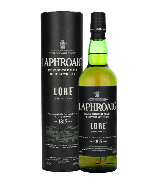 Laphroaig Lore, 70 cl, 48 % Vol. (Whisky), Schottland, Isle of Islay, Laphroaig Lore Islay Single Malt whiskey impresses with its extraordinary variety of flavors. When opened and poured, a seductive aroma of sweet smoke develops. Laphroaig Lore impresses with its impressive depth and complexity. With every sip, new, subtle aromas in the background are discovered. The gentle, sweet smoky taste remains always present and is reminiscent of marshmallows prepared over an open fire. Despite the lack of an age statement on the bottle, this dram consists of a sophisticat