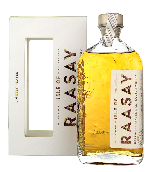 Isle of RAASAY Hebridean Single Malt R-01.1, 70 cl, 46.4 % Vol. (Whisky), Schottland, Raasay, The distillery`s flagship, Islay of Raasay Single Malt, is bottled natural color and non-chill filtered. Two Isle of Raasay spirits, peated and unpeated, mature separately in first-fill rye whiskey, fresh Chinkapin oak - and First Fill Bordeaux red wine casks. These six casks combine to create a perfect dram, with pure elegance, complexity and depth of character. Each drop is made on the Isle of Raasay with water from its own well, the Tobar na Ba Bine (the well of the pale cow), distilled, age