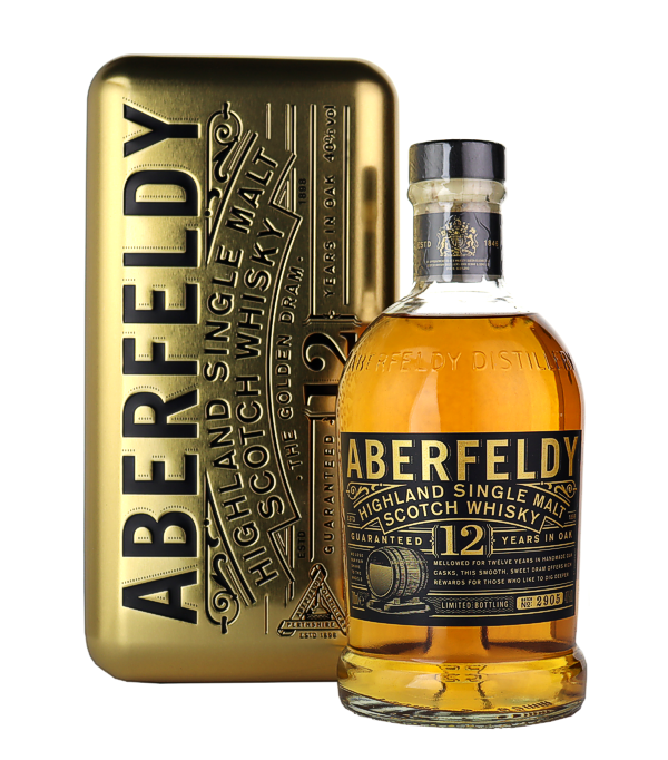 Aberfeldy 12 Year Old Limited Bottling Batch No. 2905, 70 cl, 40 % Vol. (Whisky), Schottland, Highlands, Aberfeldy whiskeys are made with water from the famous Pitilie Burn, which is known for its gold deposits. Aberfeldy 12-Year-Old Single Malt Scotch Whiskey is made using only barley, which is ground in the distillery`s Porteus mill before being mashed and then fermented in stainless steel vats. After fermentation, the whiskey is distilled through Aberfeldy`s copper pot stills and then redistilled through the spirit stills. This Aberfeldy single malt is then aged in a combination of casks formerl