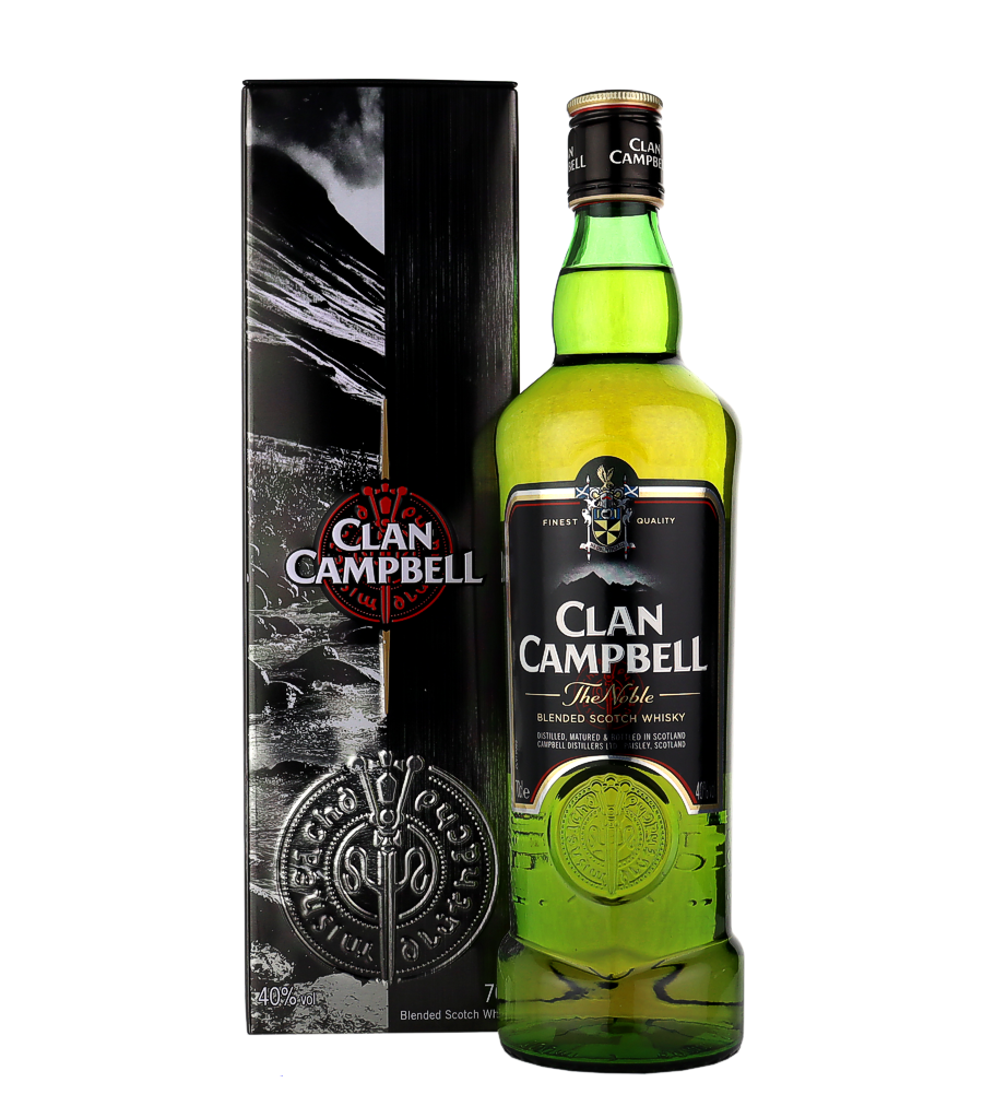 Clan Campbell 'The Noble' Scotch Whisky, 70 cl, Schottland, Highlands, Clan Campbell is an important premium Scotch in France. The brand reflects the spirit of the Campbell clan`s rich Celtic origins in a modern interpretation. Produced by Chivas Brothers, it is a delicate and smooth blend of selected grain and malt whiskeys. Created in 1984, it owes its unique flavor to the influence of Glenallachie Single Malt Whisky, which forms the heart of the blend. Join the clan.