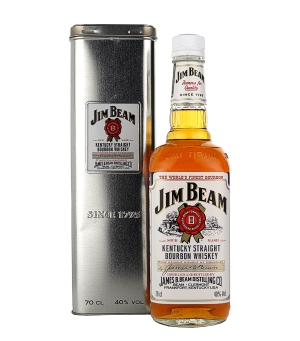 Jim Beam White Label «Kentucky Straight Bourbon Whiskey» in Blechbüchse ca. 1995, 70 cl, 40 % Vol., , Jim Beam Kentucky Bourbon Whiskey in einer silbernen Blechdose, abgefüllt ca. 1995. Eine grosse Freude für Sammler und Fans von Jim Beam.  4 Jahre in frisch ausgekohlten Fässern aus amerikanischer Weisseiche gereift nach dem Rezept von Jacob Beam.  