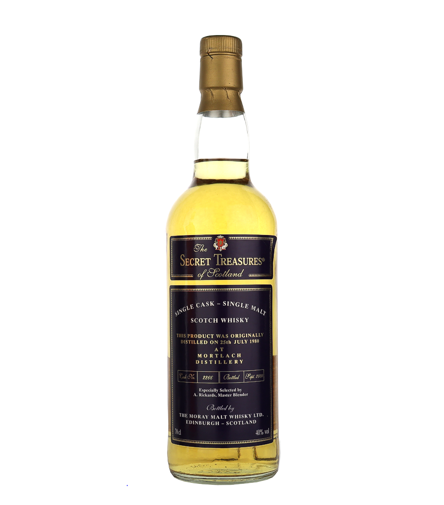 The Secret Treasures of Scotland, Mortlach 20 Years Old Cask 2266 1980/2000, 70 cl, 40 % Vol. (Whisky), Schottland, Speyside, Distillery: Mortlach Distillery Distilled: 1980 Bottled: 2000 Aging: 20 years  Barrel number: 2266 Colouring: no coloring Chill filtered: no chill filtration  Number of bottles: 2000