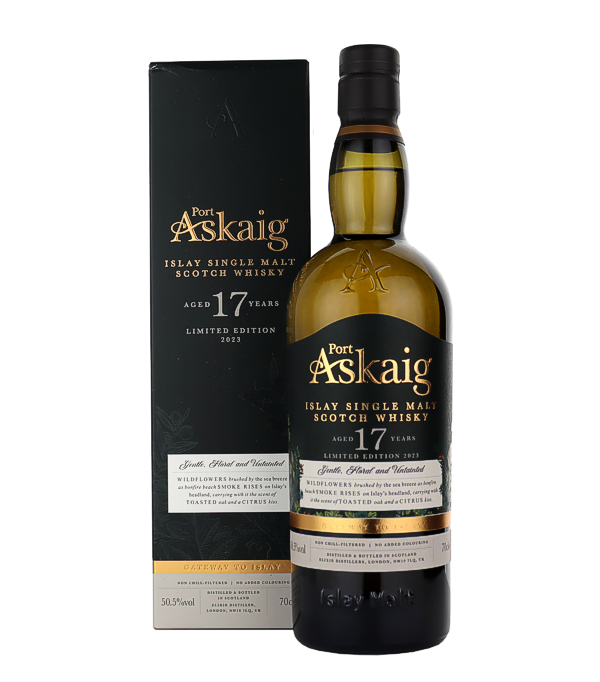 Port Askaig Islay 17 Years Old «Limited Edition 2023» Single Malt Whisky, 70 cl, 50.5 % Vol., Schottland, Isle of Islay, Jährlich wird von Port Askaig eine Aged Limited Edition veröffentlicht. Im Jahr 2023 präsentiert die Marke den 17-jährigen Port Askaig Islay 17 Years Old Limited Edition 2023 Single Malt Whisky, der in herkömmlichen Fässern aus amerikanischer Eiche gereift ist. Die Limited Edition 2023 wurde sorgfältig ausgewählt, gemischt und mit einem Alkoholgehalt von 51,8 % abgefüllt, um das ultimative Geschmackserlebnis einzufangen. Gealterte Islay-Whiskys sind aufgrund ihres einzigartigen Geschmacks, ihrer