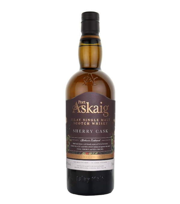 Port Askaig Sherry Cask Single Malt Whisky, 70 cl, 50.3 % Vol., Schottland, Isle of Islay, With its Sherry Cask Edition, Port Askaig presents a particularly expressive interpretation of the Islay character. Maturation in select sherry casks lends the single malt impressive depth, combining smoky power with an elegant fruit sweetness.  Robust peat smoke meets dark dried fruits, spicy oak, and delicate notes of chocolate and spice. Despite its intensity, the whisky remains harmonious and balanced, revealing new facets with every sip.  A characterful Islay single malt for lovers of robus