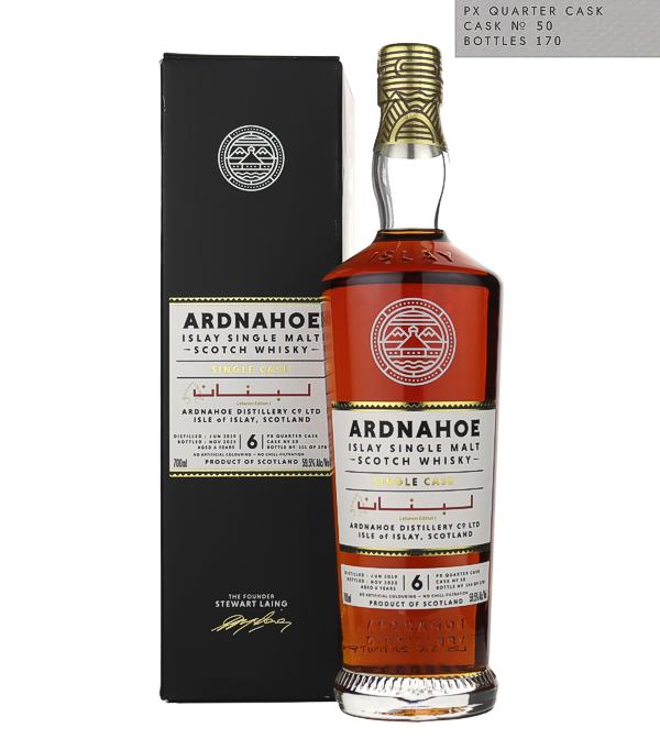 Ardnahoe 6 Years Old �Single Cask� Lebanon Edition 2019 PX Quarter Cask #50, 70 cl, 59.5 % Vol. (Whisky), Schottland, Isle of Islay, Destilliert: Juni 2019 Abgef�llt: November 2025 Farbstoff: ohne Farbstoff K�hlfiltriert: ohne Kaltfiltrierung Anzahl Flaschen: 170