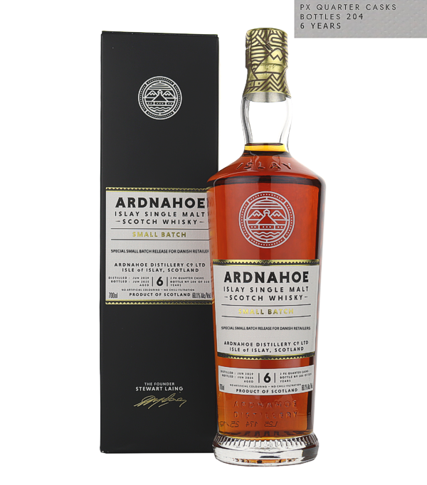 Ardnahoe 6 Years Old �Small Batch� 2019 / 2026 for Danish Retailers, 70 cl, 60.6 % Vol. (Whisky), Schottland, Isle of Islay, The Ardnahoe 6 Years Old Small Batch 2019 for Danish Retailers impressively demonstrates the character already present in the early vintages of this young Islay distillery. Distilled in 2019 and bottled after six years of maturation in selected PX Quarter Casks, this whisky combines Ardnahoe's maritime, smoky house style with a pronounced sherry sweetness. Bottled at its natural cask strength of 60.6% ABV, without chill filtration or added coloring, this release is exceptionally rare. Only 204 b